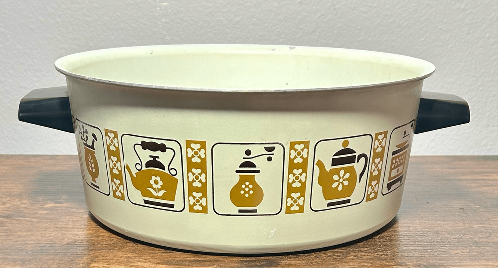 Vintage 1970s Enamel Sauce Pan Stock Pot 5 Qt MCM Coffee & Grinder Design